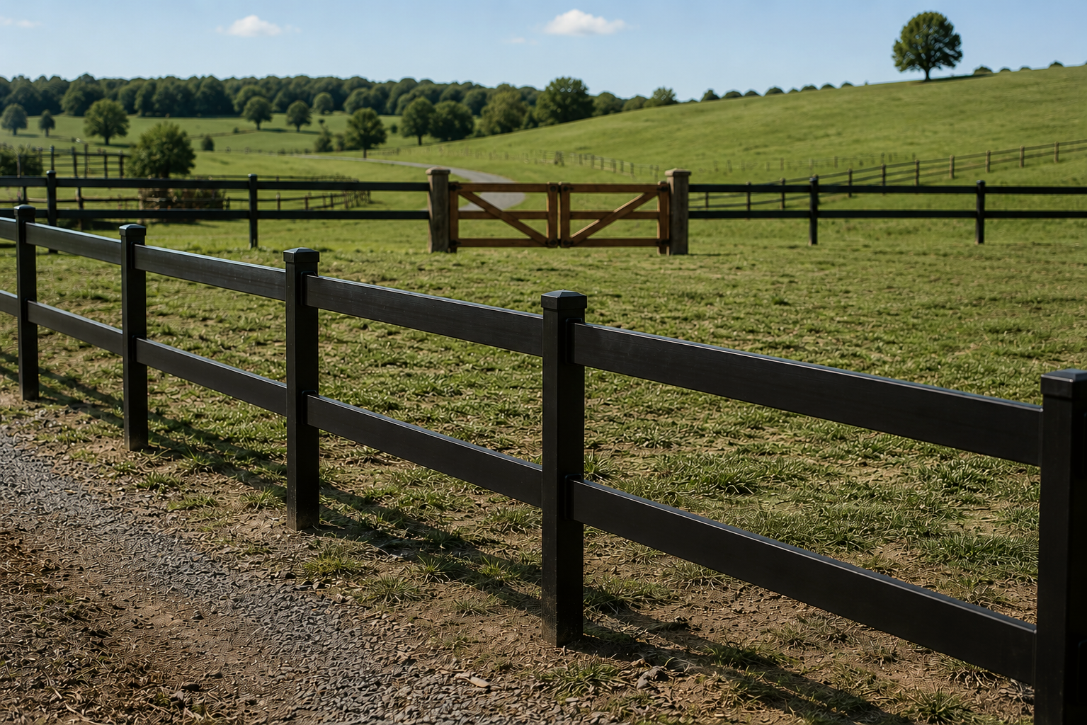 Texture black two-rail Kuptz Steel Fence at a riding arena with a horse and lake at sunset